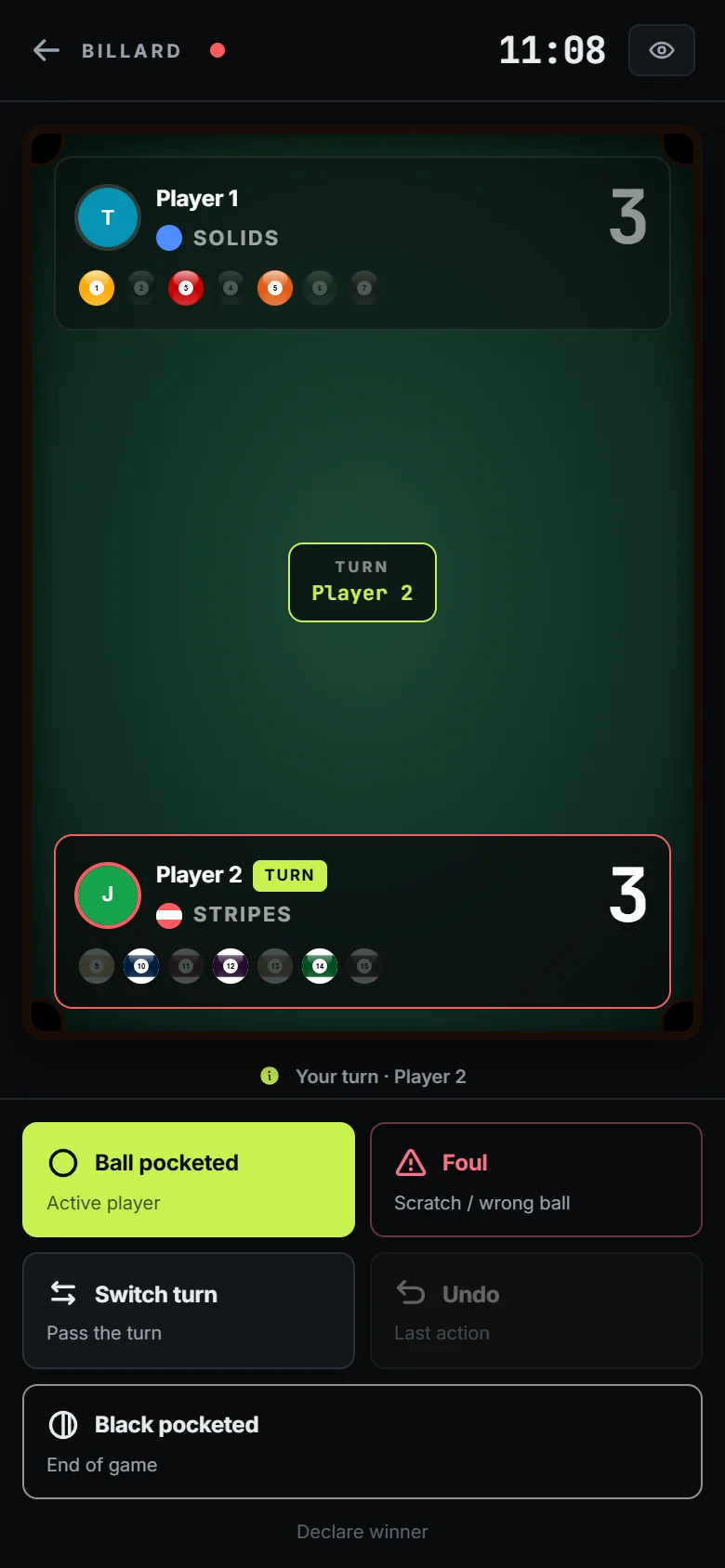 The app during an 8-ball pool game: the table, one player’s solids and the other’s stripes, the balls already potted and whose turn it is.