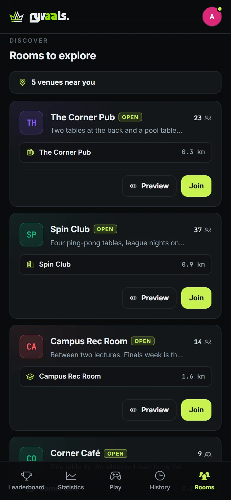 The app: the Discover page filtered “Near me”, with five venues nearby, a bar 300 m away, a club 900 m away, and a button to join each one.