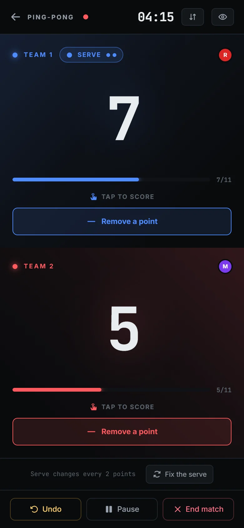 The app during a ping-pong match: 7 to 5 out of 11 points, with the serving team and the serves it has left.